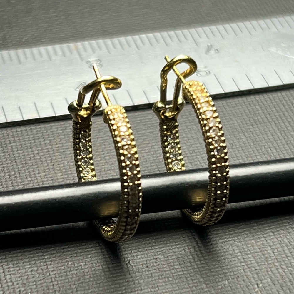 Judith Ripka Gilded Sterling Silver Pave CZ Encrusted Hoop Earrings R3